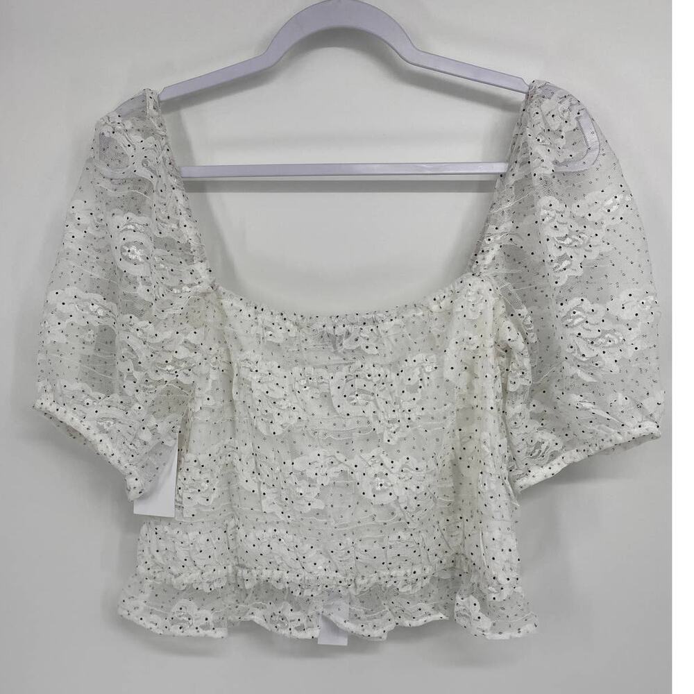NSR Juniors Polka Dot Lace Embroidered Bodice Crop Top Blouse NEW Large